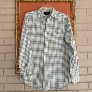 Men’s Vineyard Vines Slim Fit Tucker Dress Shirt Green Blue White Check Cotton